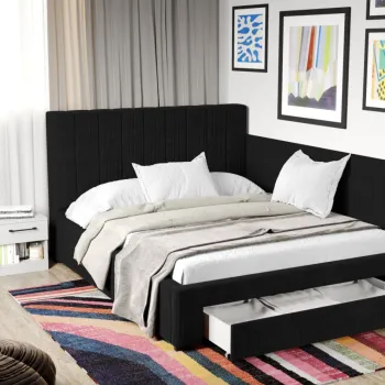 Pat Tapitat de colt Adam cu somiera si sertar Negru - Poso 135 imagine