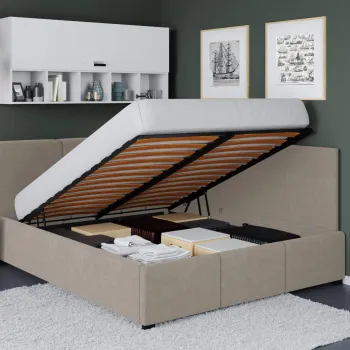 Pat Tapitat de colt Avelis cu somiera rabatabila si lada de depozitare Bej-Swing 2 160x200 imagine