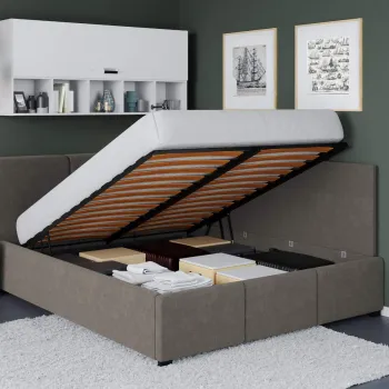 Pat Tapitat de colt Avelis cu somiera rabatabila si lada de depozitare Cappuccino - Swing 4 160x200 imagine