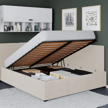 Pat Tapitat de colt Avelis cu somiera rabatabila si lada de depozitare Crem - Swing 1 180x200 imagine