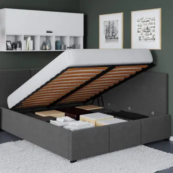 Pat Tapitat de colt Avelis cu somiera rabatabila si lada de depozitare Gri antracit - Swing 19 140x200 imagine