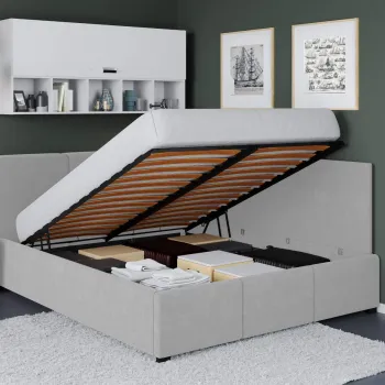 Pat Tapitat de colt Avelis cu somiera rabatabila si lada de depozitare Gri - Swing 16 140x200 imagine