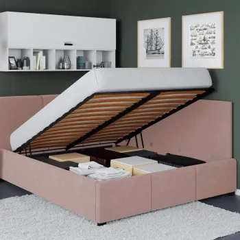 Pat Tapitat de colt Avelis cu somiera rabatabila si lada de depozitare Roz - Swing 14 180x200 imagine