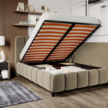 Pat Tapitat de colt Bari cu somiera rabatabila si lada de depozitare Bej - Velluto 3 120x200 imagine