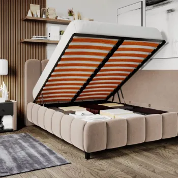 Pat Tapitat de colt Bari cu somiera rabatabila si lada de depozitare Bej - Velluto 3 180x200 imagine