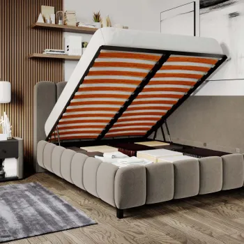 Pat Tapitat de colt Bari cu somiera rabatabila si lada de depozitare Cappuccino - Velluto 29 120x200 imagine