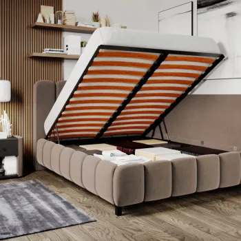 Pat Tapitat de colt Bari cu somiera rabatabila si lada de depozitare Cappuccino - Velluto 29 140x200 imagine