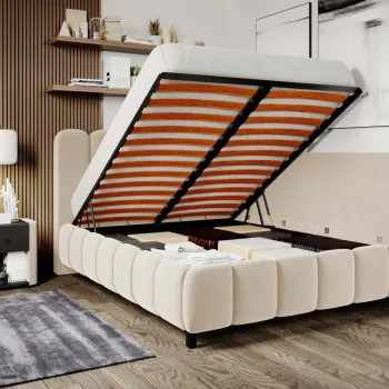 Pat Tapitat de colt Bari cu somiera rabatabila si lada de depozitare Crem - Velluto 2 120x200 imagine