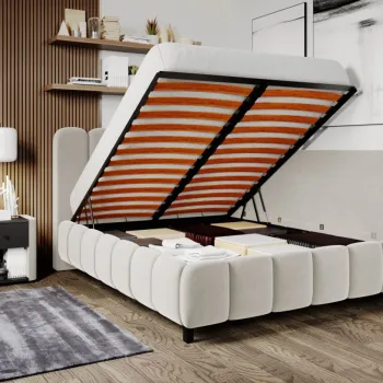 Pat Tapitat de colt Bari cu somiera rabatabila si lada de depozitare Crem - Velluto 2 180x200 imagine