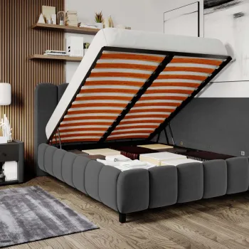 Pat Tapitat de colt Bari cu somiera rabatabila si lada de depozitare Gri Inchis - Velluto 19 120x200 imagine