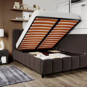 Pat Tapitat de colt Bari cu somiera rabatabila si lada de depozitare Maro - Velluto 6 180x200 imagine