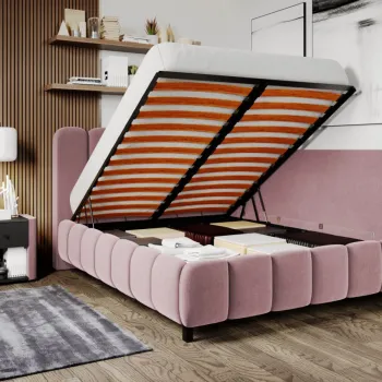 Pat Tapitat de colt Bari cu somiera rabatabila si lada de depozitare Roz - Velluto 14 140x200 imagine
