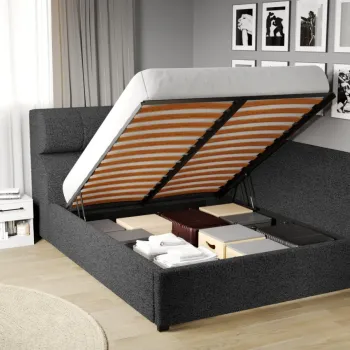 Pat Tapitat de colt Galileo cu somiera rabatabila si lada de depozitare Gri Inchis - Coral 80 140x200 imagine