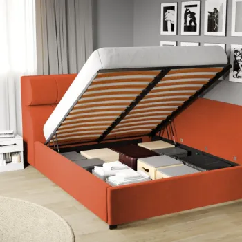 Pat Tapitat de colt Galileo cu somiera rabatabila si lada de depozitare Portocaliu - Riviera 51 160x200 imagine