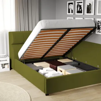 Pat Tapitat de colt Galileo cu somiera rabatabila si lada de depozitare Verde deschis - Riviera 36 180x200 imagine