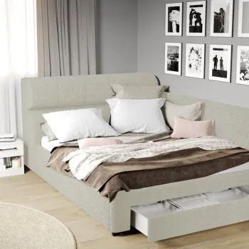 Pat Tapitat de colt Galileo cu somiera si sertar Alb - Coral 15 imagine