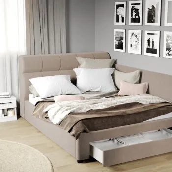 Pat Tapitat de colt Galileo cu somiera si sertar Bej - Jasmine 22 imagine