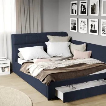 Pat Tapitat de colt Galileo cu somiera si sertar Bleumarin - Eden 16 imagine