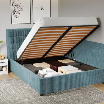 Pat Tapitat de colt pentru saltea de 190 Rivo rabatabil cu lada Albastru deschis - Poso 26 140x190 imagine