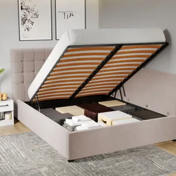 Pat Tapitat de colt pentru saltea de 190 Rivo rabatabil cu lada Bej-Swing 2 160x190 imagine