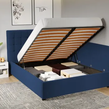 Pat Tapitat de colt Rivo cu somiera rabatabila si lada de depozitare Albastru inchis - Riviera 81 160x200 imagine