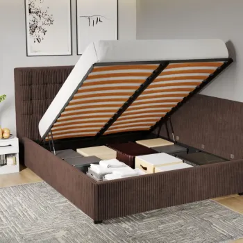 Pat Tapitat de colt Rivo cu somiera rabatabila si lada de depozitare Maro - Poso 06 180x200 imagine