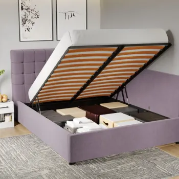 Pat Tapitat de colt Rivo cu somiera rabatabila si lada de depozitare Mov deschis - Jasmine 62 140x200 imagine