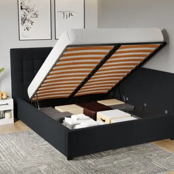 Pat Tapitat de colt Rivo cu somiera rabatabila si lada de depozitare Negru - Falcone 14 140x200 imagine