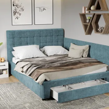 Pat Tapitat de colt Rivo cu somiera si sertar Albastru deschis - Poso 26 160x200 imagine