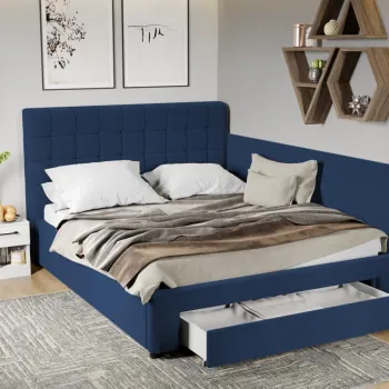 Pat Tapitat de colt Rivo cu somiera si sertar Albastru inchis - Riviera 81 160x200 imagine