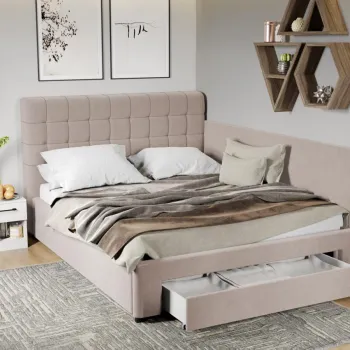 Pat Tapitat de colt Rivo cu somiera si sertar Bej-Swing 2 160x200 imagine