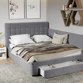 Pat Tapitat de colt Rivo cu somiera si sertar Gri - Eden 18 160x200 imagine