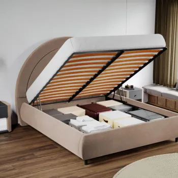 Pat Tapitat Leo cu tablie semirotunda rabatabil Bej - Velluto 3 180x200 imagine