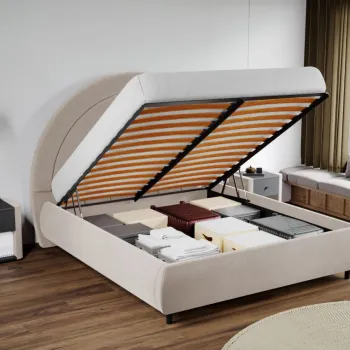 Pat Tapitat Leo cu tablie semirotunda rabatabil Crem - Velluto 2 160x200 imagine