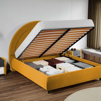 Pat Tapitat Leo cu tablie semirotunda rabatabil Galben - Velluto 8 160x200 imagine