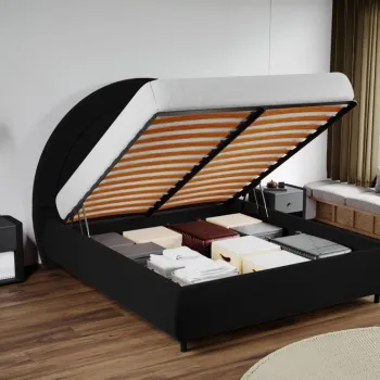 Pat Tapitat Leo cu tablie semirotunda rabatabil Negru - Velluto 20 140x200 imagine