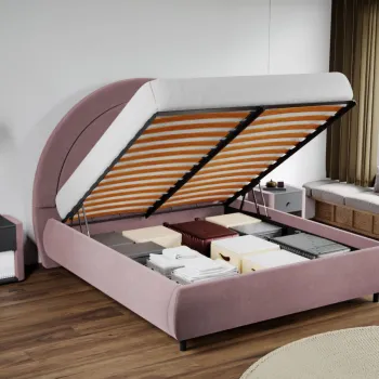 Pat Tapitat Leo cu tablie semirotunda rabatabil Roz - Velluto 14 140x200 imagine