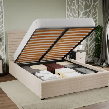 Pat Tapitat Mateo cu somiera rabatabila si lada de depozitare Bej - Falcone 102 160x200 imagine