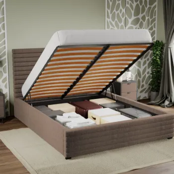 Pat Tapitat Mateo cu somiera rabatabila si lada de depozitare Cappuccino - Velluto 29 180x200 imagine