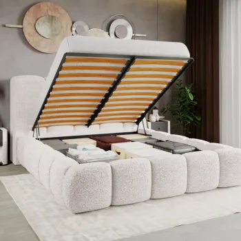 Pat Tapitat Noel tip bubble cu somiera rabatabila si lada de depozitare Alb - Rolf 4 140x200 imagine