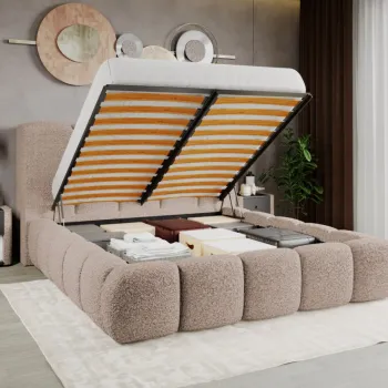 Pat Tapitat Noel tip bubble cu somiera rabatabila si lada de depozitare Bej - Rolf 2 140x200 imagine