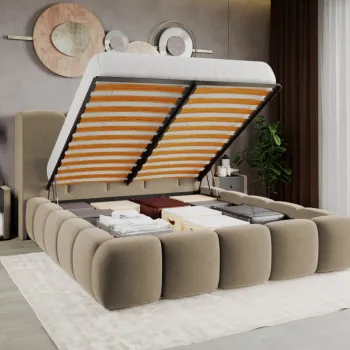 Pat Tapitat Noel tip bubble cu somiera rabatabila si lada de depozitare Bej - Velluto 3 180x200 imagine