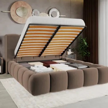 Pat Tapitat Noel tip bubble cu somiera rabatabila si lada de depozitare Cappuccino - Velluto 29 160x200 imagine