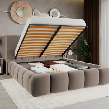 Pat Tapitat Noel tip bubble cu somiera rabatabila si lada de depozitare Cappuccino - Velluto 29 180x200 imagine