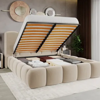 Pat Tapitat Noel tip bubble cu somiera rabatabila si lada de depozitare Crem - Velluto 2 140x200 imagine