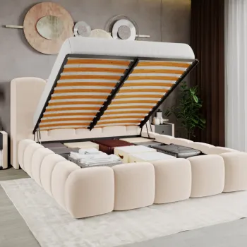 Pat Tapitat Noel tip bubble cu somiera rabatabila si lada de depozitare Crem - Velluto 2 160x200 imagine