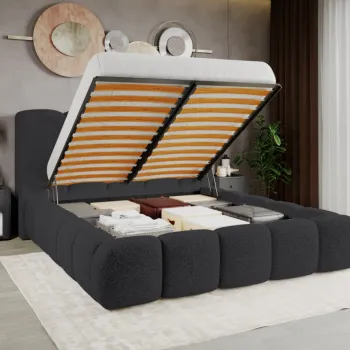 Pat Tapitat Noel tip bubble cu somiera rabatabila si lada de depozitare Gri inchis - Rolf 7 180x200 imagine