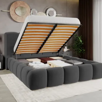 Pat Tapitat Noel tip bubble cu somiera rabatabila si lada de depozitare Gri Inchis - Velluto 19 140x200 imagine