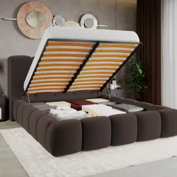 Pat Tapitat Noel tip bubble cu somiera rabatabila si lada de depozitare Maro - Velluto 6 180x200 imagine