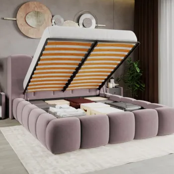 Pat Tapitat Noel tip bubble cu somiera rabatabila si lada de depozitare Roz - Velluto 14 140x200 imagine